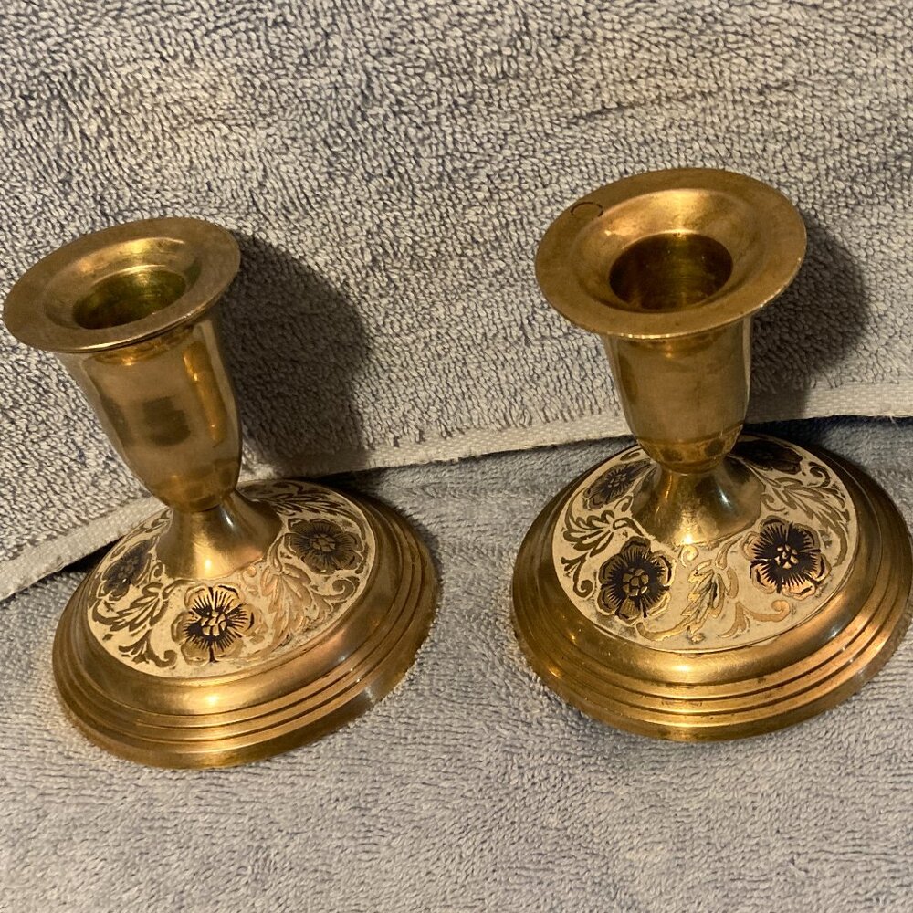 1960's Brass 4" H Candlestick Holders (2)-Black/Gold Enameled Floral Design-VGUC